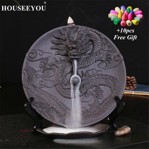 10pcs Incense Cones + Dragon Dish Backflow Incense Burner Ceramic Waterfall Incense Cone Holder Censer Aroma Smoke Flow Furnace