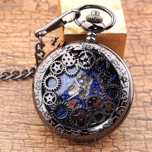 10pcs/lot Hollowed Black Gear Skeleton Mechanical Blue Roman Dial Pocket Watch with Chain Men Women Pocket Watches 10pcs/lot