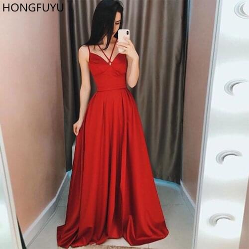 HONGFUYU Spaghetti Straps Prom Dresses Sleeveless Elegant Long A-line Formal Celebrity Party Gowns Robe Gala Satin Evening Dress