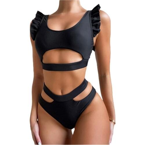 Hirigin 2021 New Women Two-piece Swimsuit Bikini + Briefs Ruffle Solid Color Sexy Hollow Summer Clothing Swimwear Bikinis