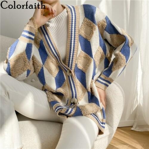 Colorfaith New 2021 Womens Sweaters Winter Spring Fashionable Buttons Checkered Oversize Cardigans Diamond Knitwear SWC1040