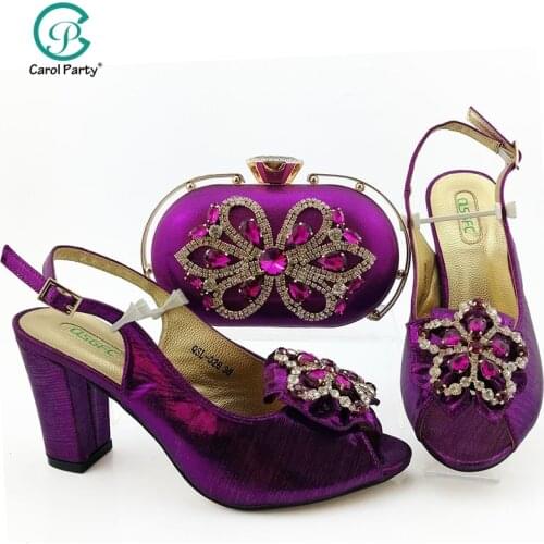 2020 Purple Color Italian Design Shoes and Bags To Match Set African Women Wedding Shoes and Bags Sets with Crystal