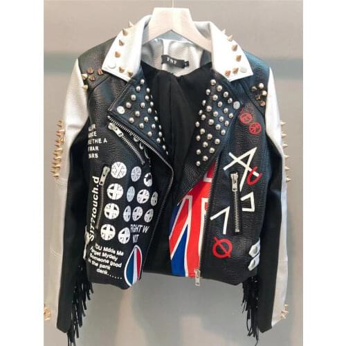 Punk Graffiti Tassel Zipper Rivet Faux Leather Jacket Women Green Autumn Rock Crop Motorcycle Biker Jackets Ladies Short PU Coat