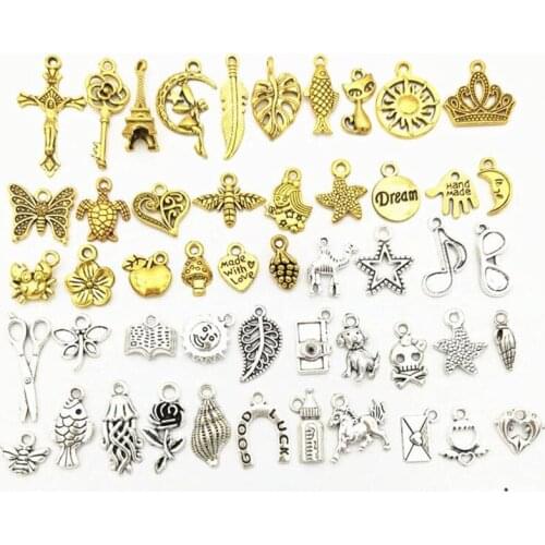 50 pieces of Tibetan silver, ancient gold, mixed animal and plant charm alloy metal pendants, suitable for DIY handmade jewelry