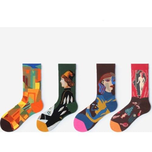 2020 Fashion Unisex Abstract Art Painting Jacquard Cotton Socks Retro Korean Literary Youth Street Style Tube Socks 11 Colors