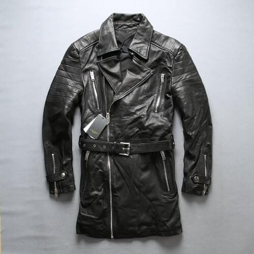 AVIREXFLY 2020 New Men Black Motorcycle Leather Jacket Fashion Long Style Genuine Sheepskin Diagonal Zipper Jackets