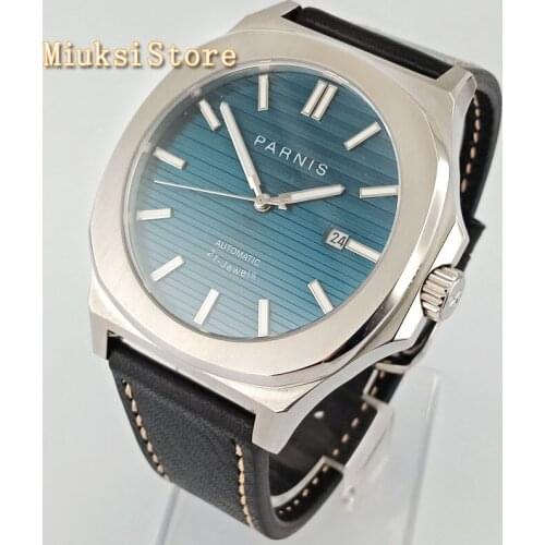 43mm PARNIS mens top luxury mechanical watches blue dial Sapphire glass date leather 21 jewels Miyota automatic watch 2713