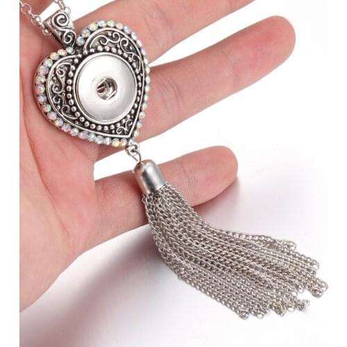 2019 Newest 18mm Snap Button Love Heart Long Tassel Necklace Jewelry with Chain Fit 18mm Snap Necklace Pendant Jewelry for Women