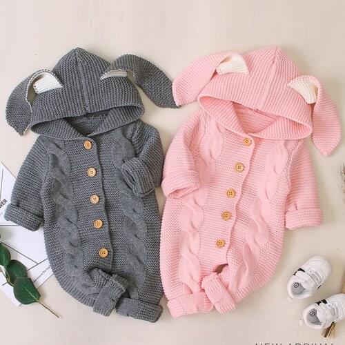 2020 New Infant Baby Boys Girls Rabbit Ears Hooded Rompers Clothes Children Baby Boy Girl Kids Knitting Long Sleeve Rompers