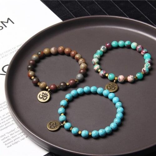 OHM Charm Bracelets Buddhism Women Jewelry Natural Green Sea Sediment Jaspe Pulsera Men Faceted Gold Hematite Stone Beads Bangle