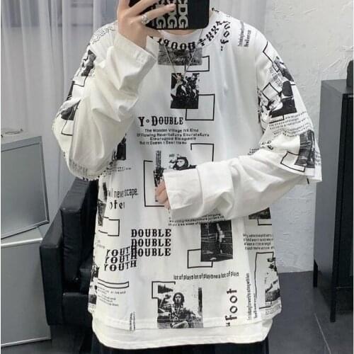 Autumn mens fake two-piece long-sleeved t-shirt mens Korean version loose-fitting clothes trend bottom shirt mens wear