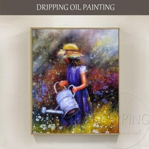 Professional Artist Hand-painted High Quality Impression Child Oil Painting on Canvas Handmade Kid Watering Flowers Oil Painting