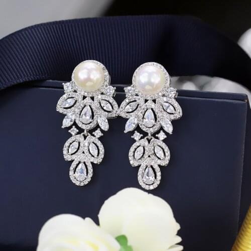 QTT Luxury 925 Silver Ladies Earrings Elegant Dangle Pearl Pendant Earring Hanging Womens Earrings Jewelry Wedding Party