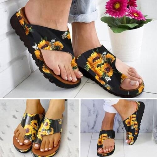 Women PU Shoes Comfy Platform Flat Sole Ladies Casual Sunflower Soft Big Toe Foot Correction Sandal Orthopedic Bunion Corrector
