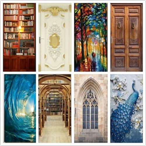Removable 3D Doors Murals Door Sticker Waterproof Wallpaper Living Room Bedroom Self Adhesive Wall Mural Decal Customizable
