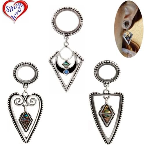 Showlove-2PC Surgical Steel Pearl Opal Triangle&Heart&Rhombus Crescent Plug Helix Danger Ear Tunnel Expander Ear Stretcher jewel