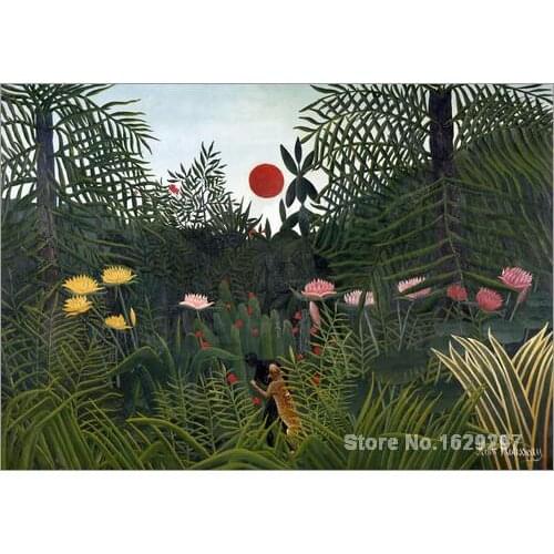 Modern painting for dining room Jungle landscape with Setting Sun Henri Rousseau High quality Hand painted