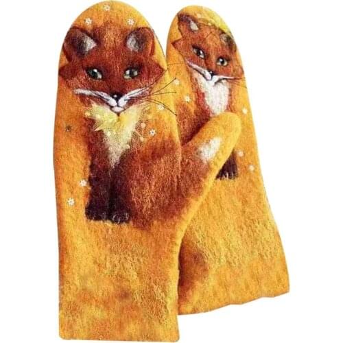 Women Faux Cashmere Full Finger Gloves Colorful Animal 3D Print Warm Mittens 094B