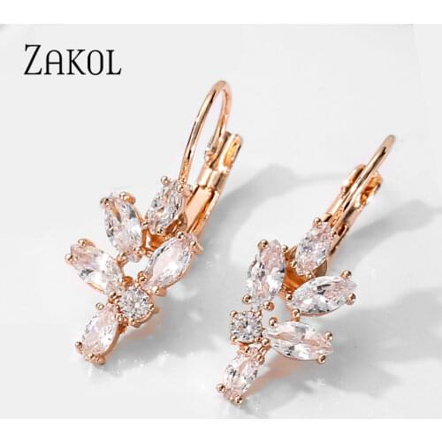 ZAKOL Fashion Rose Gold Color Hoop Earrings Flower Cluster Clear Crystal Zirconia Earring for Women Jewelry Brincos FSEP2498