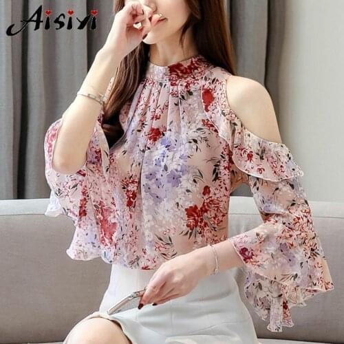 Tom Hagen Blouse Women Ladies Tops Floral Chiffon Blouse for Women Tops Ruffles Stand Butterfly Sleeve Blusas Hollow Plus Szie