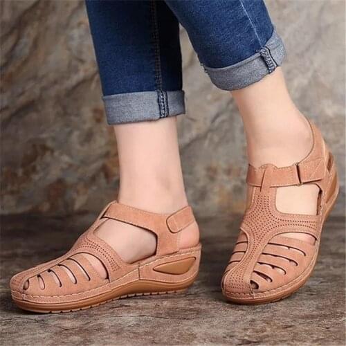 Women Vintage Leather Platform Sandal Summer Soft Bottom Wedge Buckle Sewing Sandalias Casual Plus Size Gladiator Platform Shoes