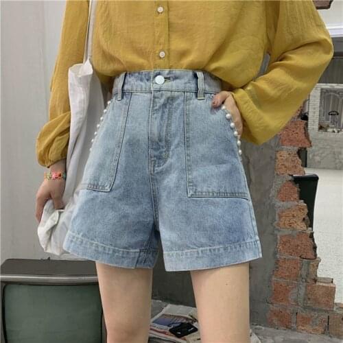 Summer 2021 New Wide Leg Loose Denim Shorts For Women Big Pockets Beaded High Quality Lady Short Jeans Streetwear Short Femme