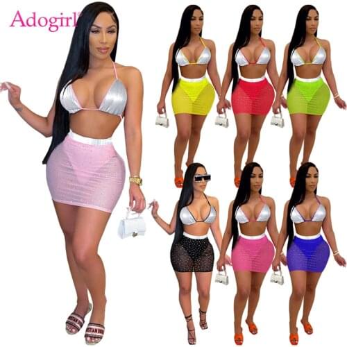 Adogirl Women Sexy Two Piece Set Dress Sequins Bra Top Diamonds Sheer Mesh Bodycon Mini Skirt Summer Club Beach Suit Swimwear