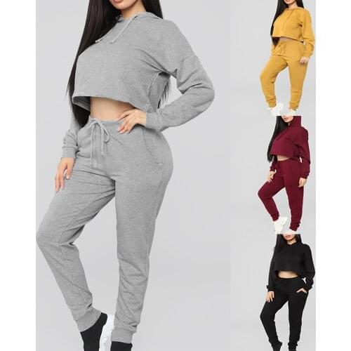 Womens Tracksuit Hooded Sportswear Set Casual Solid Color Homewear Suit Long Sleeve Short Pullover Tops Pants Sports Clothing