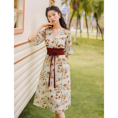 2021 Summer Hanfu Womens Dress Traditional Chinese Characteristic Improved Fashion V-Neck Waist Floral Printed Fresh Elegant