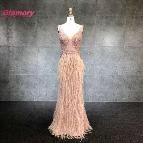2020 New Design Pink Beading Mermaid Evening Gowns Sexy V Neck Sleeveless With Feater Prom Dress