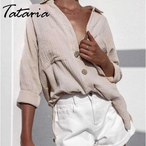 100%Pure Cotton Linen Shirt Tops for Womens Summer Blouse 2021 Vintage Buttons Long Sleeve Porket BF Style Blouse and Shirts