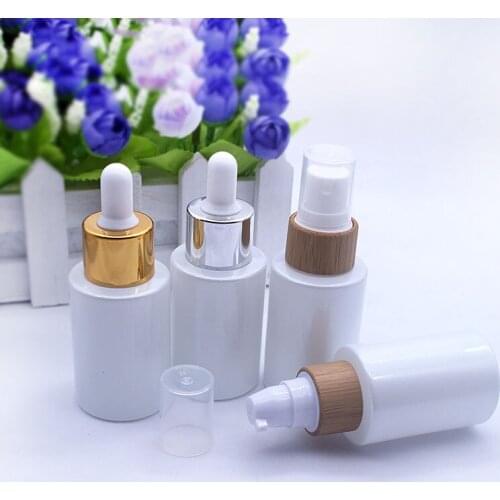 30ml pearl white glass dropper bottle cosmetic bamboo lid lotion spray pump packaging container 30pcs