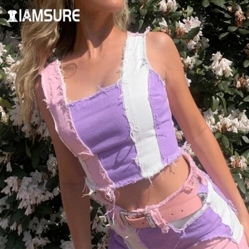 IAMSURE Patchwork Corset Tank Crop Top Sexy Women Clothing Rave Crop Top Streetwear Sleeveless Zip Up Colorblock Short Cami Tops