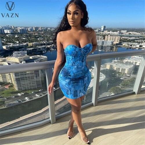 VAZN New 2021 Sexy Sleeveless Strapless Blue Tie Dye Print Women Elegant Fashion Mini Dress Slim Dress Club Birthday Dress