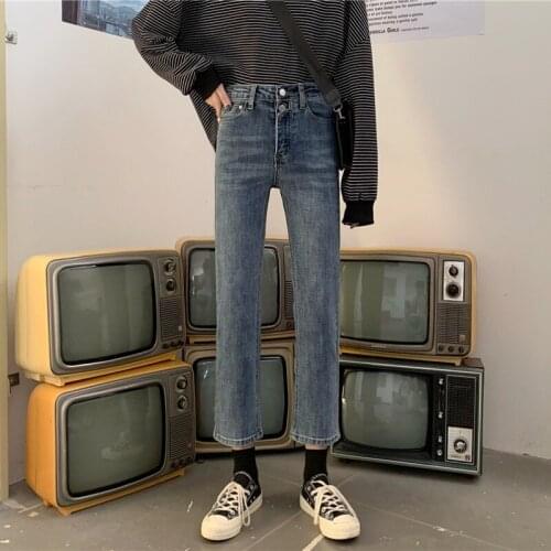 New jeans female joker of tall waist straight loose cultivate morality show thin torre nine minutes of pants of ins