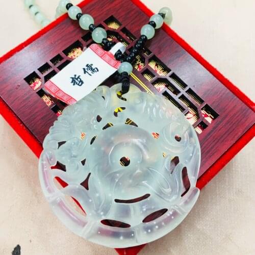 Zheru natural soft jade ice through hollow retro sweet lotus fish pendant with jade bead necklace men and women sweater chain