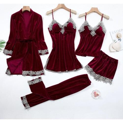 Sexy Lace Nightwear Pajamas Suit Intimate Lingerie Women Velour Sleep Set 5PCS Kimono Robe Velvet Soft Homewear Sleepwear