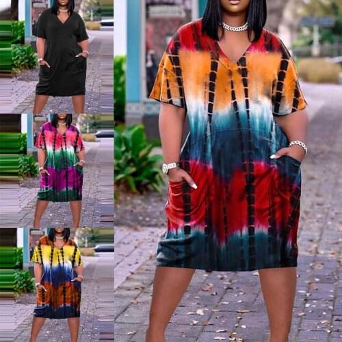Tie-dyed Print Dress European Style Urban Leisure Pocket V-collar Women Girl Short-sleeve Knee Length Pullover 2021 New Skirt