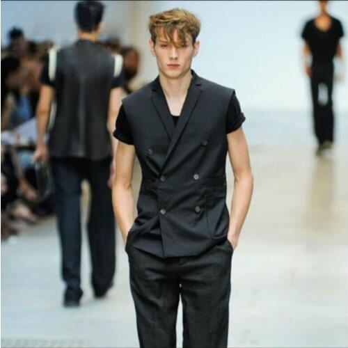 Customize Spring And Autumn New Mens Clothing Slim Black Suit Vest Tide Mens Jacket Coat Hairstylist Double-breasted Suit Vest