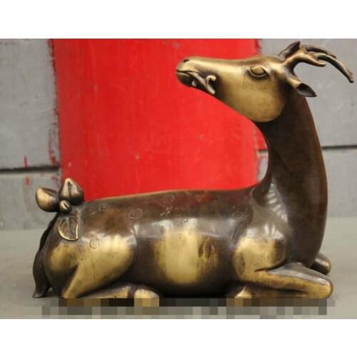 S03803 11" Folk Chinese Bronze Copper Longevity Shou Peach RuYi Deer Lying Sheep Statue