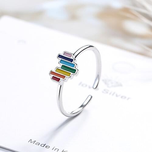 925 Sterling Silver Rainbow Heart Open Rings Fashion Lovely Open Size Finger Ring For Girls Gifts Dropshipping S-R575