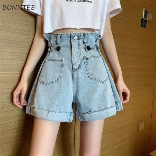 Shorts Women Loose Oversize S-5XL All Match Denim Button Pocket Preppy Summer Streetwear Fashion Leisure Femme Wide Leg Trousers