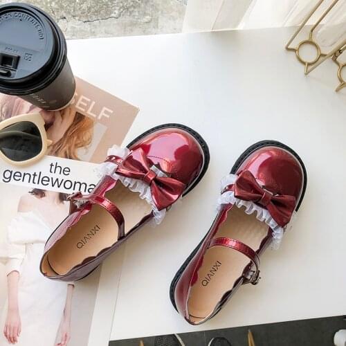 Lolita Japanese small leather shoes women lolita soft girl sweetheart retro bow lace lace round head womens single lolita shoes