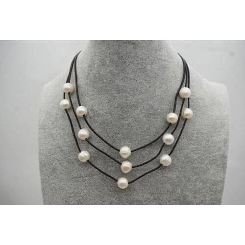 Unique Pearls Jewelry 3rows White Potato Genuine Freshwater Pearl Real Leather Necklace Charming Women Wedding Gift
