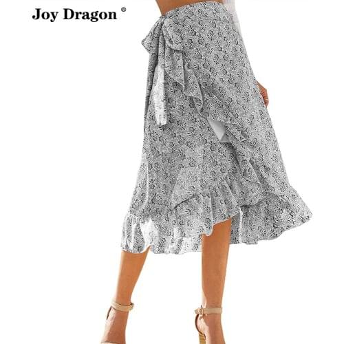 Women Skirt 2021 High Waist Lace Up Bow Summer Chiffon Dress Fashion Print Split Fork Irregular Pleated Vintage Green MidiSkirts