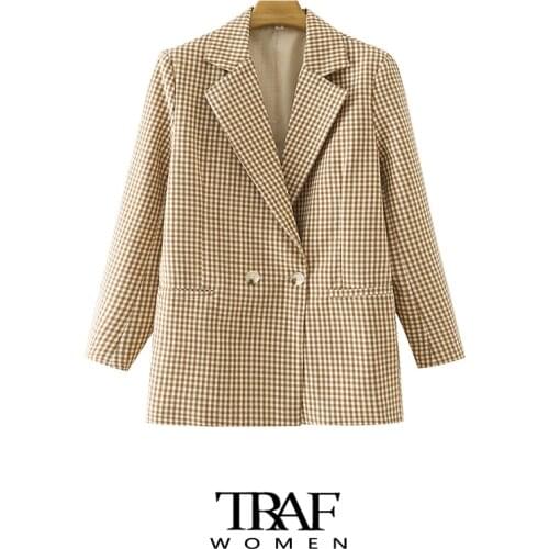 TRAF Za Women Fashion Double Breasted Plaid Blazer Coat Vintage Long Sleeve Back Vents Female Outerwear Chic Veste