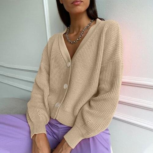 Long Sleeve Solid Loose Knitted Cardigan For Women V-neck Single Breasted Oversize Sweater Coat Female 2021 Autumn Cardigans New