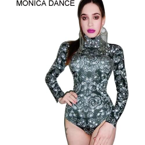 Women Sexy Stage Flashing Silver Rhinestone Black Spandex Bodysuit Birthday Celebrate Outfit Women Dancer DS Show Prom Bodysuit