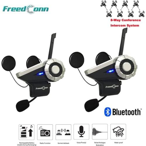2Pcs Freedconn T-Rex 1500M 8-Way Full Duplex Motorcycle Group Talk System Interphone FM Radio Bluetooth Helmet Intercom Headsets