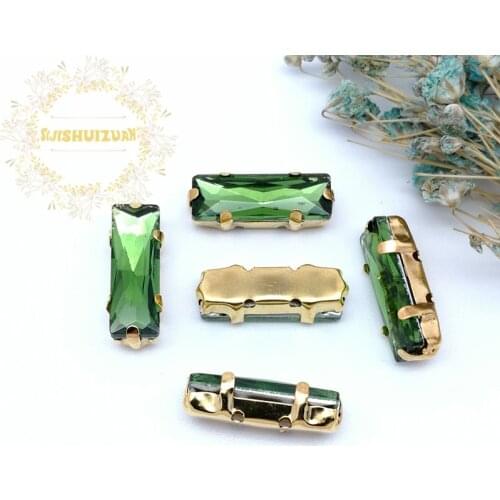 5*10mm 5*15mm 20pcs Emerald Rectangular Crystal Glass Sewing Rhinestones with gold Claw Diy wedding Dress and Bags